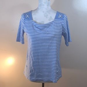 Jones New York Signature Women Square Neck LightBlue Cotton Striped Sailor Top